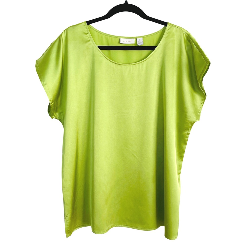 Chicos Lime Green Satin Blouse Scoop Neck Short Sleeve Chartreuse Top Size 3 XL